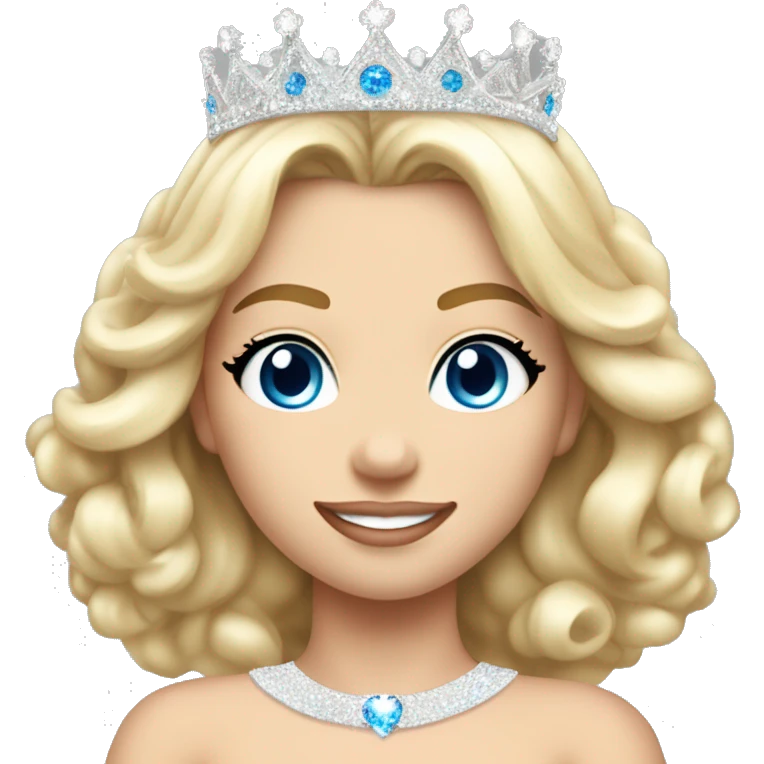 13 year old girl with blonde hair and blue eyes wearing a sparkly all white full pageant gown and a pageant crown that is only silver in color full body emoji