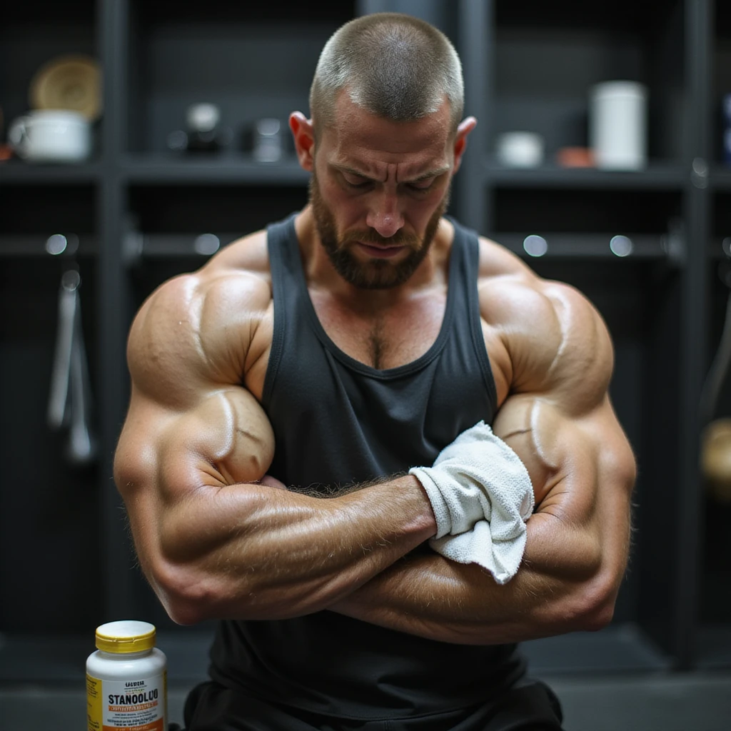 Powerlifter in locker room, sportswear, holding ice pack on swollen elbow, suffering expression, bottle of Stanozololo in background, realistic details, locker room background emoji