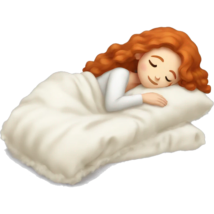 redhead girl sleeping with a pillow and fluffy ivory blanket emoji