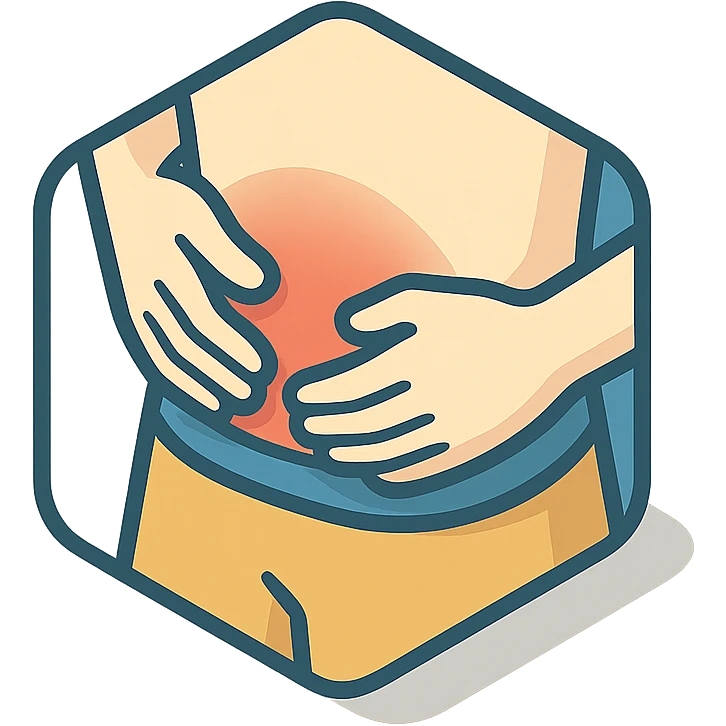 extreme close-up of a person's stomach with both hands pressing on it, showing pain, only the stomach and hands, no face, 2D isometric illustration style emoji