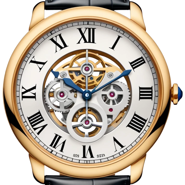 Cartier skeleton watch close-up, detailed openwork dial, luxury timepiece, iOS Apple emoji style emoji