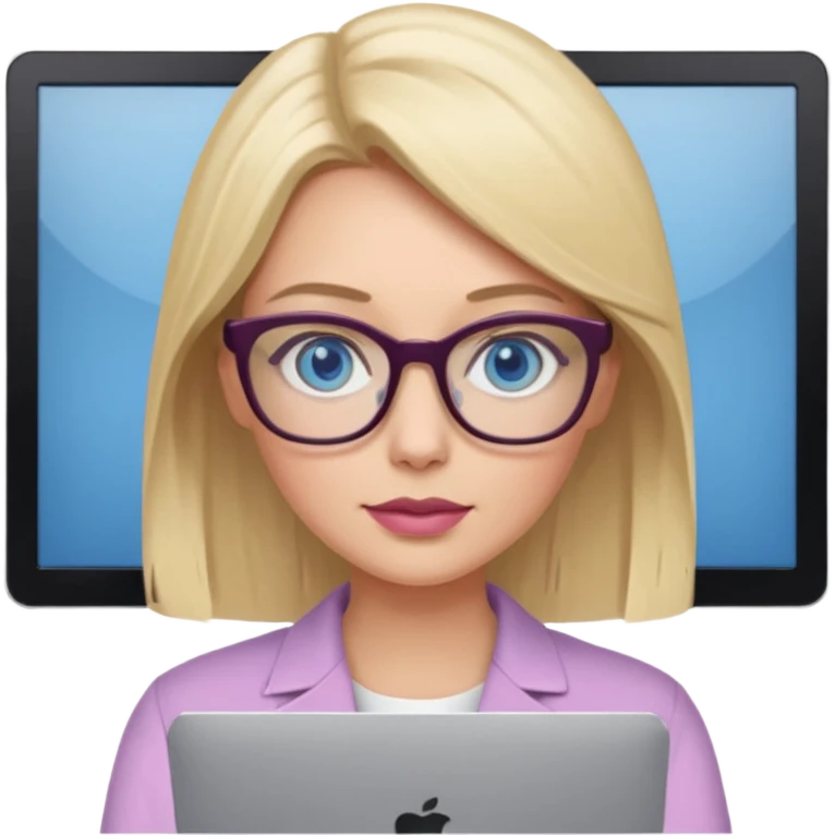 donna bella, occhi azzurri con occhiali, capelli medi, lisci e biondi, lavora usando lo schermo pc. Labbra color malva chiaro emoji