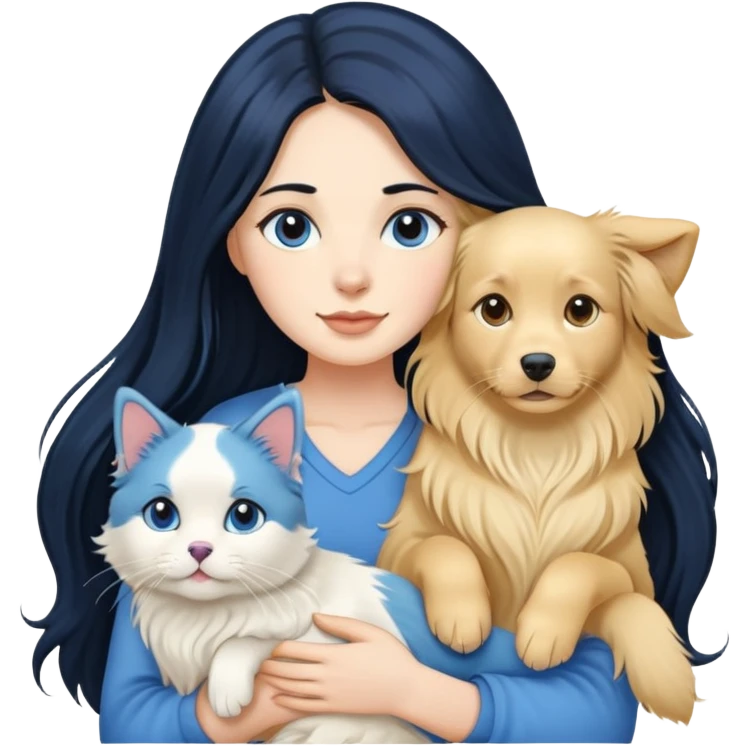 Woman with long black hair holding a blue and white long-haired cat and a golden retriever dog emoji