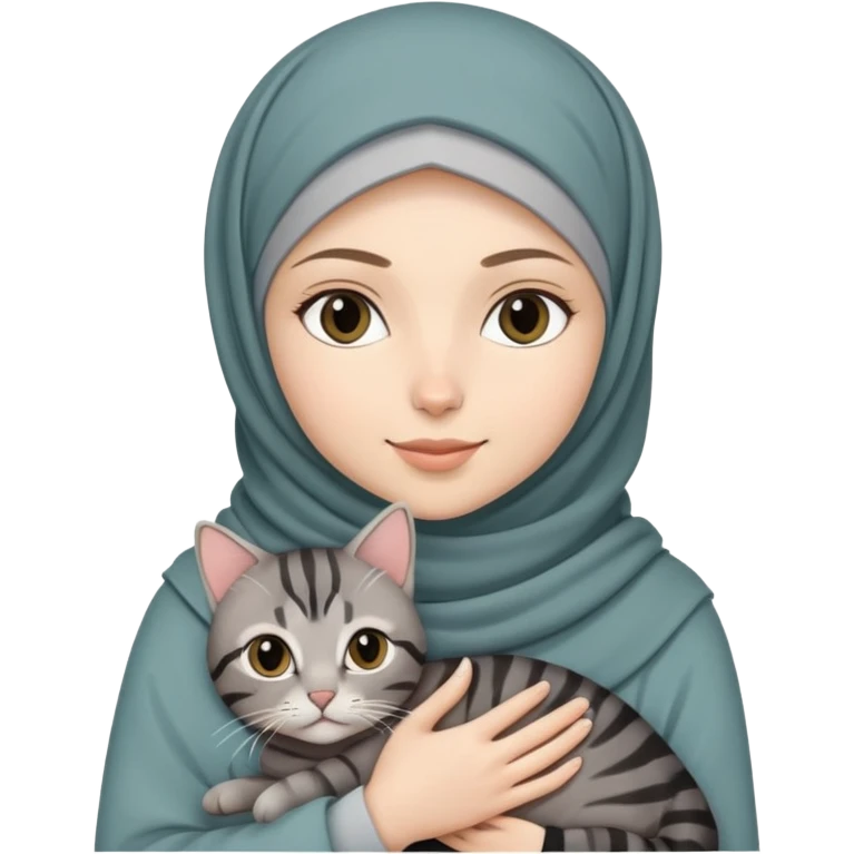White girl wearing  hijab holding a black grey tabby cat emoji