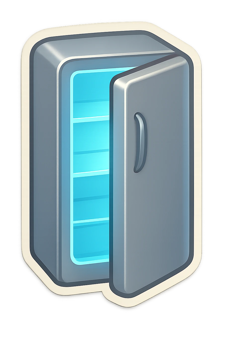 Open modern refrigerator with door slightly ajar, soft blue light glowing from inside, simple shelf shapes, no food details, rounded vector style, clean and minimal, sticker-like, silver exterior. emoji