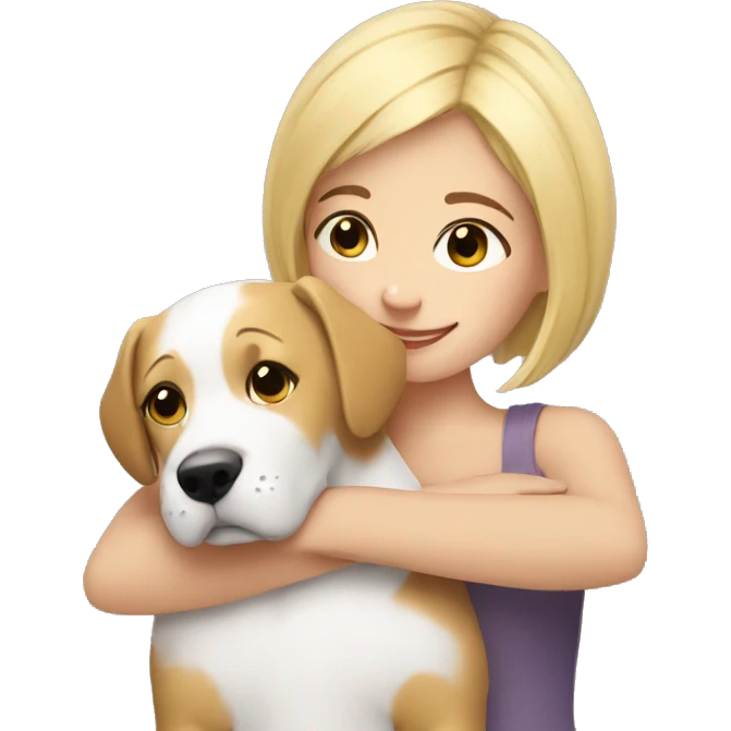 Dog hugs a girl short blond hair emoji