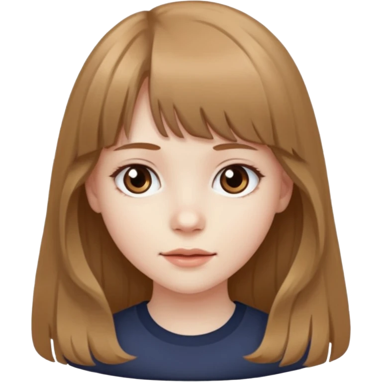 Pale skinned girl with light brown hair and dark brown eyes. She has bangs and her hair is slightly big wavy and long emoji