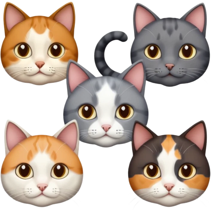 5 different coloured short haired cats including; a dark brown and white cat, and a dark grey and white, and a calico emoji