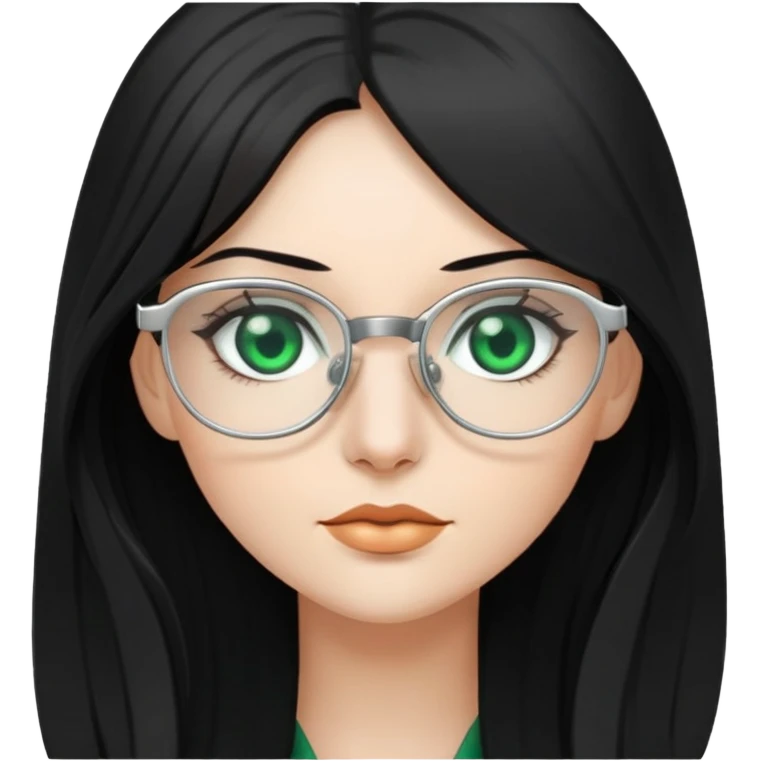 Woman with long, Black hair, Silver Glasses and with green eyes  emoji