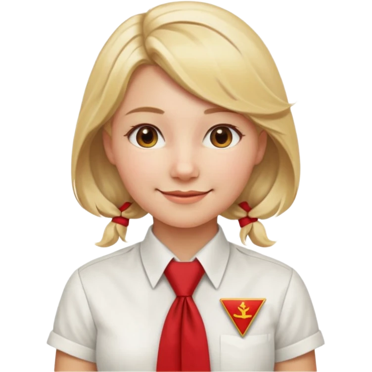 A Soviet pioneer girl emoji — smiling young girl wearing a white shirt and a bright red pioneer necktie tied in a loose triangle knot with wide ends (not a formal tie). No hat or headwear. Blonde hair, friendly face, flat minimal emoji style, Apple emoji aesthetic, clean outlines and soft shading. emoji