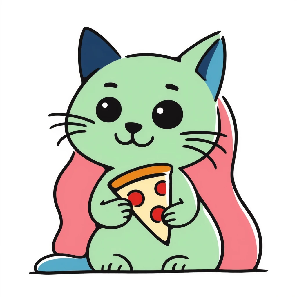 green cat with pink hair and blue ears holding a pizza emoji