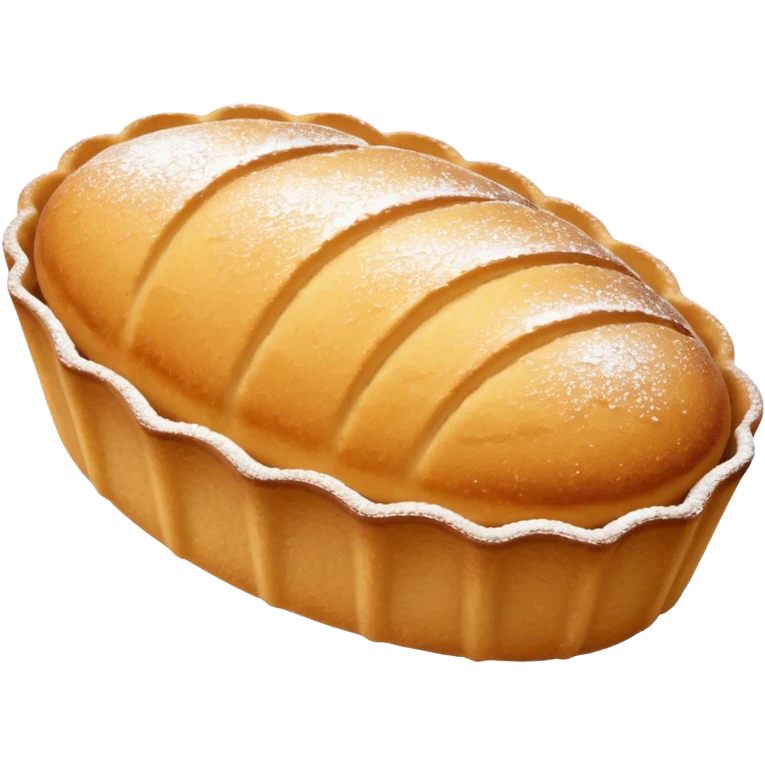 A madeleine pastry. Oval shaped with lines going in the same direction as the oval. Light golden brown. Scalloped edge emoji
