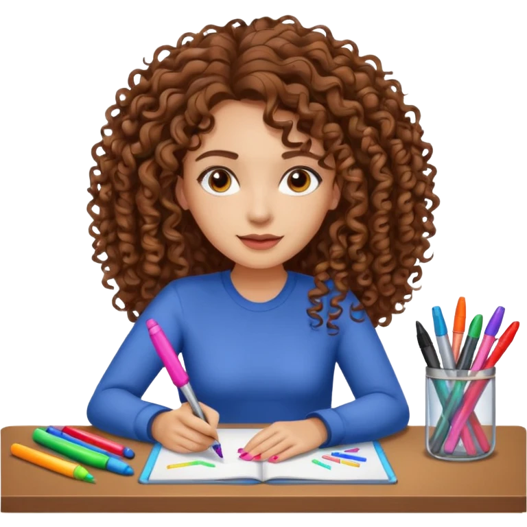 A women curly hair long and light skin with markers on her desk emoji