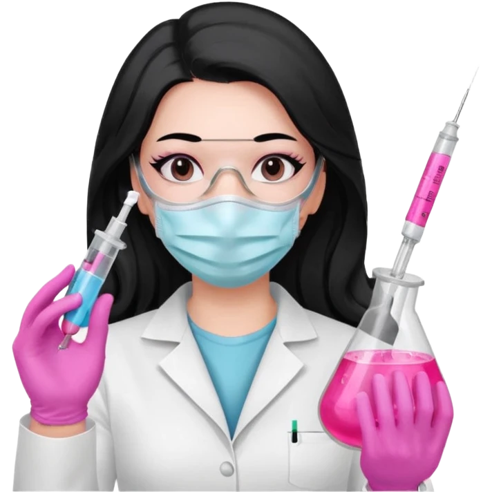 laboratorista con guantes rosa y mascarilla rosa  jeringa tubo laboratorio sin lentes  y  ojos negros cabello largo negro ojos negros emoji