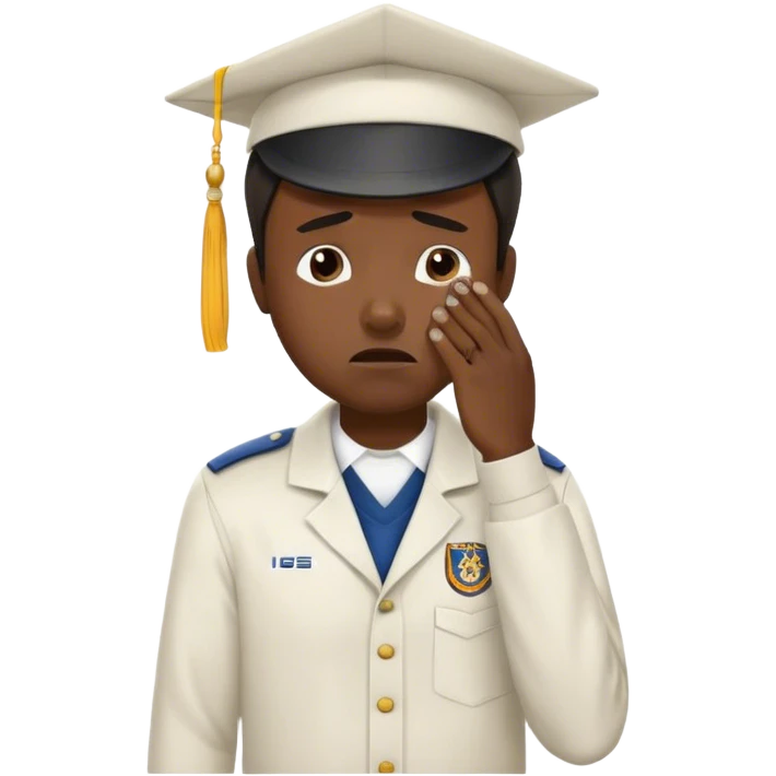 Create an emoji of a student crying. He is wearing a university uniform, including a shirt and pants and hat. The man is visibly upset, with tears streaming down his face, and he is wiping his eyes with his hand. The background should be simple to emphasize his emotional state, conveying the feeling of being overwhelmed with school stress or personal struggles emoji