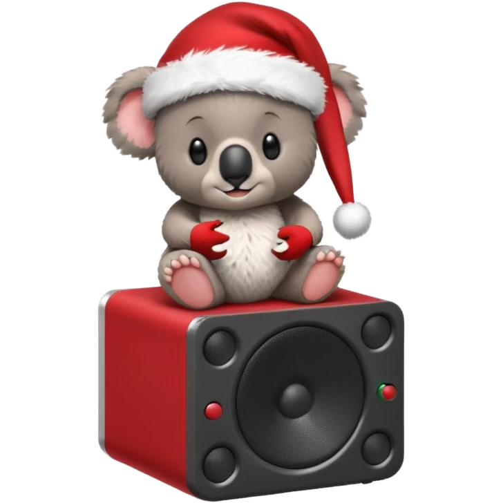 Koala sitting on toniebox speaker with a santa hat and presents around him, make the backroun festive emoji