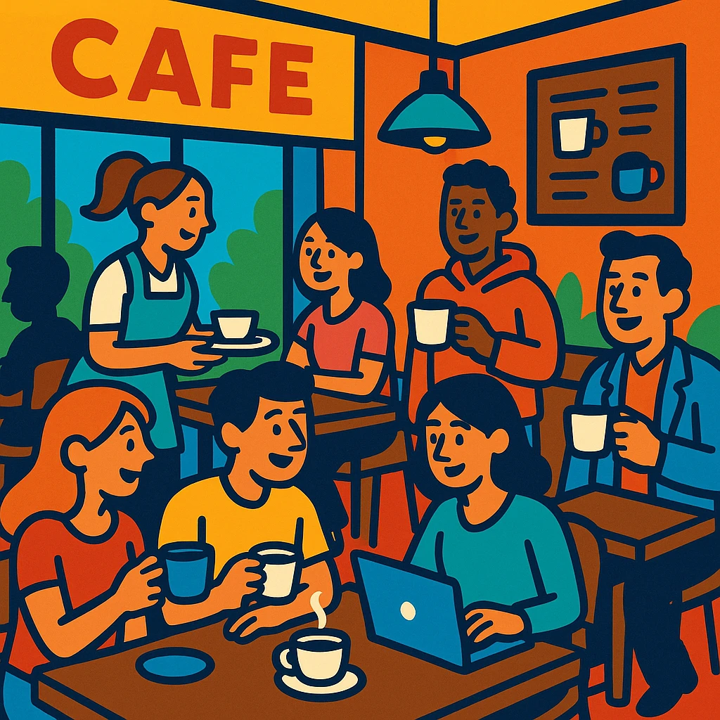 a bustling cafe scene with people, vibrant cartoon style emoji