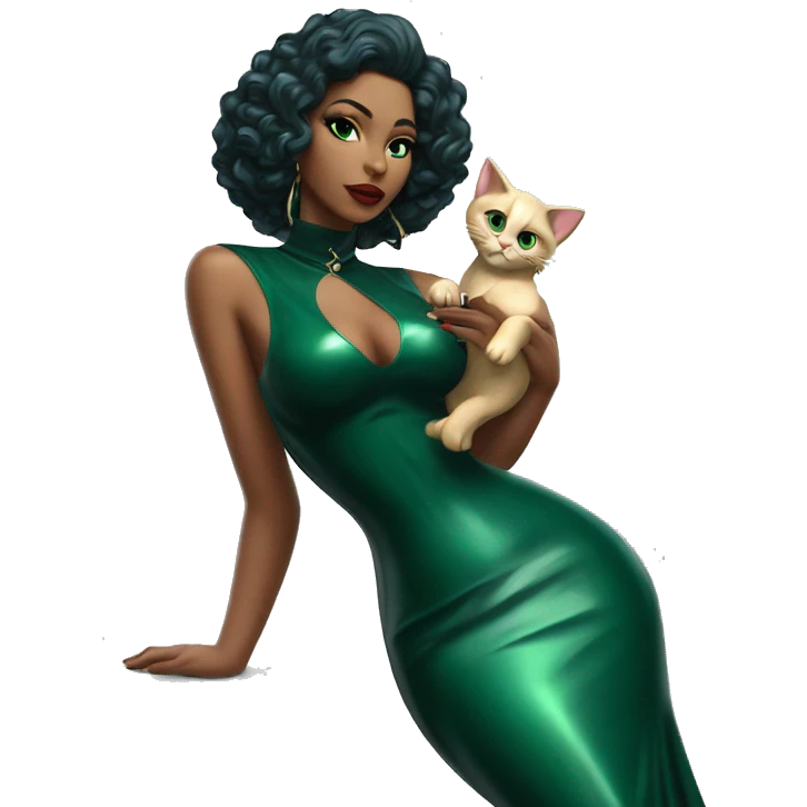 A pin skirt latex dark emerald dress on a female latin goddess with a kitten aura emoji