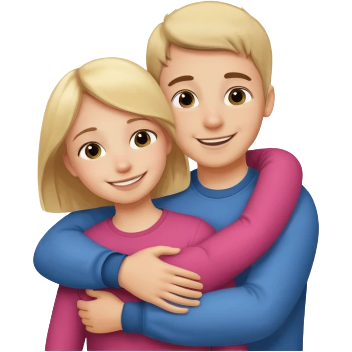 Un homme fait un câlin à sa sœur. Au dessus d’eux il y a le texte ´Gros câlin’ emoji