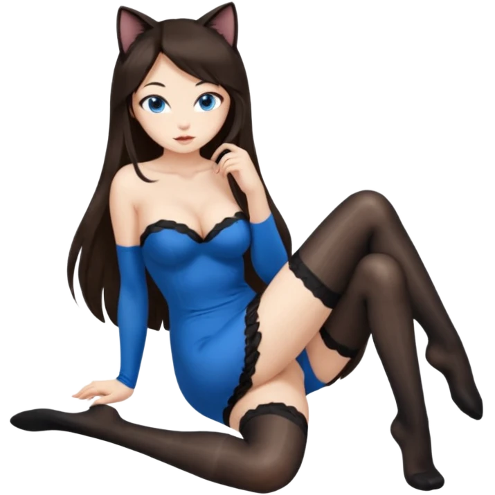 Buxom brunette super long hair intimate sfw blue eyes Asian black nylon stocking pose cat girl emoji