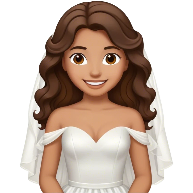Tan, Dark Brown haired girl, long Hollywood wave hair, in white wedding dress smiling emoji