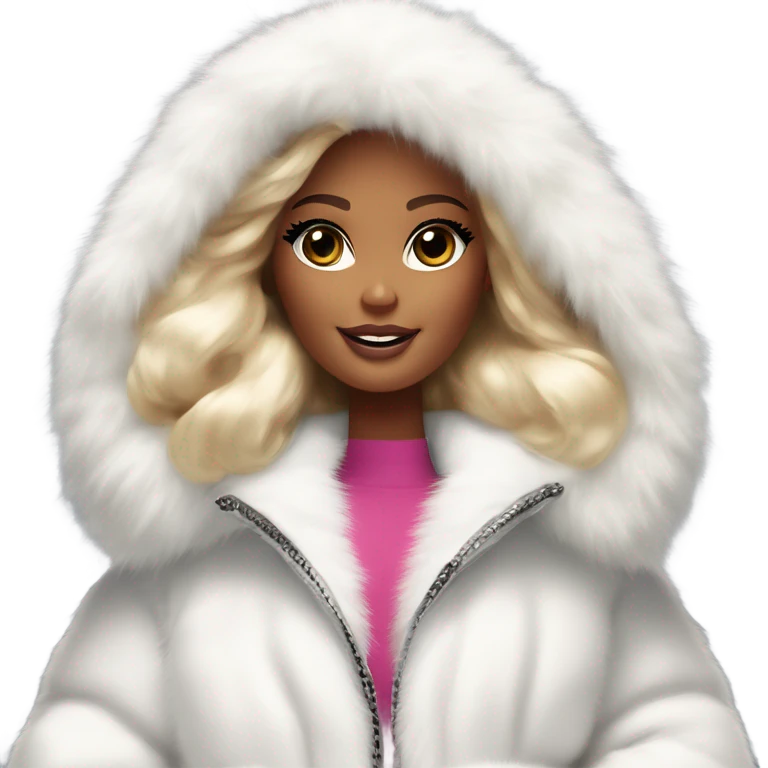 Barbie looking emoji  in an extremely big fluffy oversized white fur coat with hood on. The fur is real and it’s very obvious big and fluffy like in Pinterest  emoji
