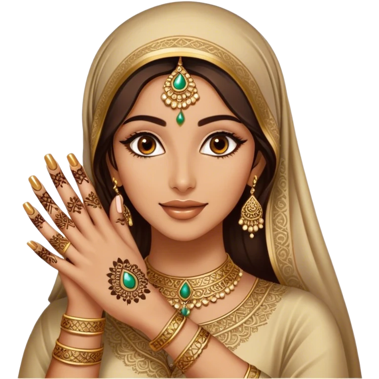 An Arab woman takes a , showcasing her beautifully adorned hands with intricate henna designs and long, elegant nails. She wears multiple gold rings that complement her shimmering golden traditional outfit. emoji