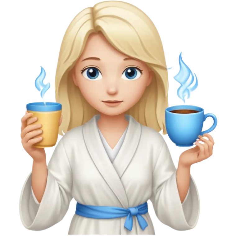 angelic blonde girl with middle length hair and blue eyes holds a cup in a robe emoji