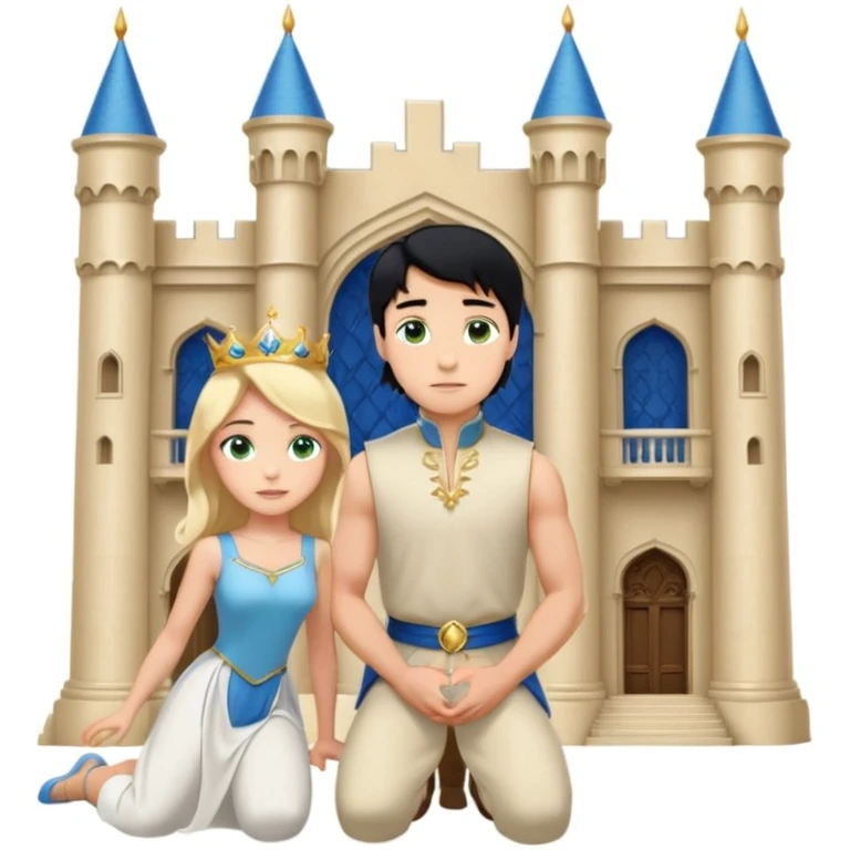 Man as prince, upright, black Hair, blue eyes, woman, blonde, green eyes, shott white sleveless Dress, kneeling, background palace emoji