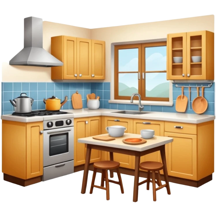 A cozy home kitchen in clean emoji-style illustration. Warm colors, simple shapes, homemade dishes on the counter, friendly atmosphere, flat design, high contrast, clear outlines. emoji