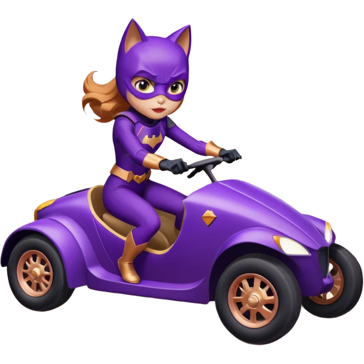 Hot full size real-appearance racing action Darkness BatGirl’s midnight-purple tights sixty’s tv show 1992 stealth retro cat burglar sporty petite off-road pursuit mobile cruiser car rose gold accents (reclined and relaxed seating position and attitude) emoji