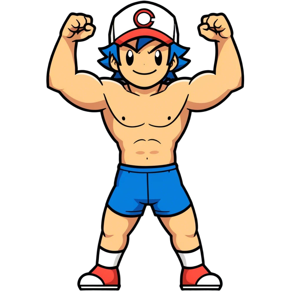 Hot handsomeb muscular 6ft 5inch tall smiling happy fun shirtless Ash Ketchum one fist raised in celebration the other hand on his thigh emoji