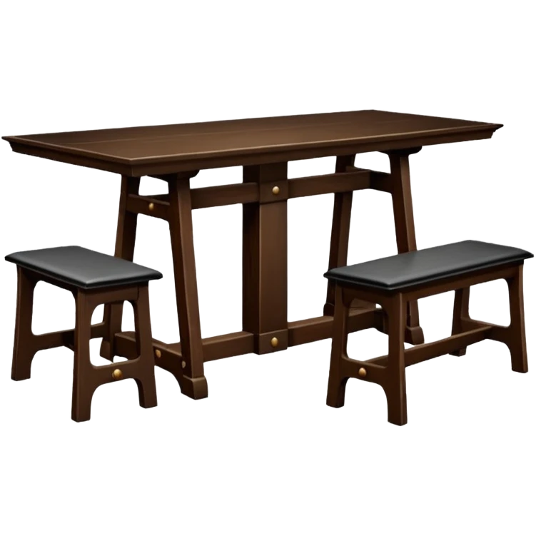 A glass topped rectangular trestle table with a bench on each long sided  and a high-backed throne on each short side emoji