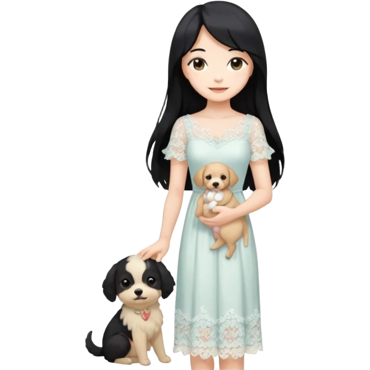 Pastel anime lady long hair with long lace dress full body holding puppy emoji