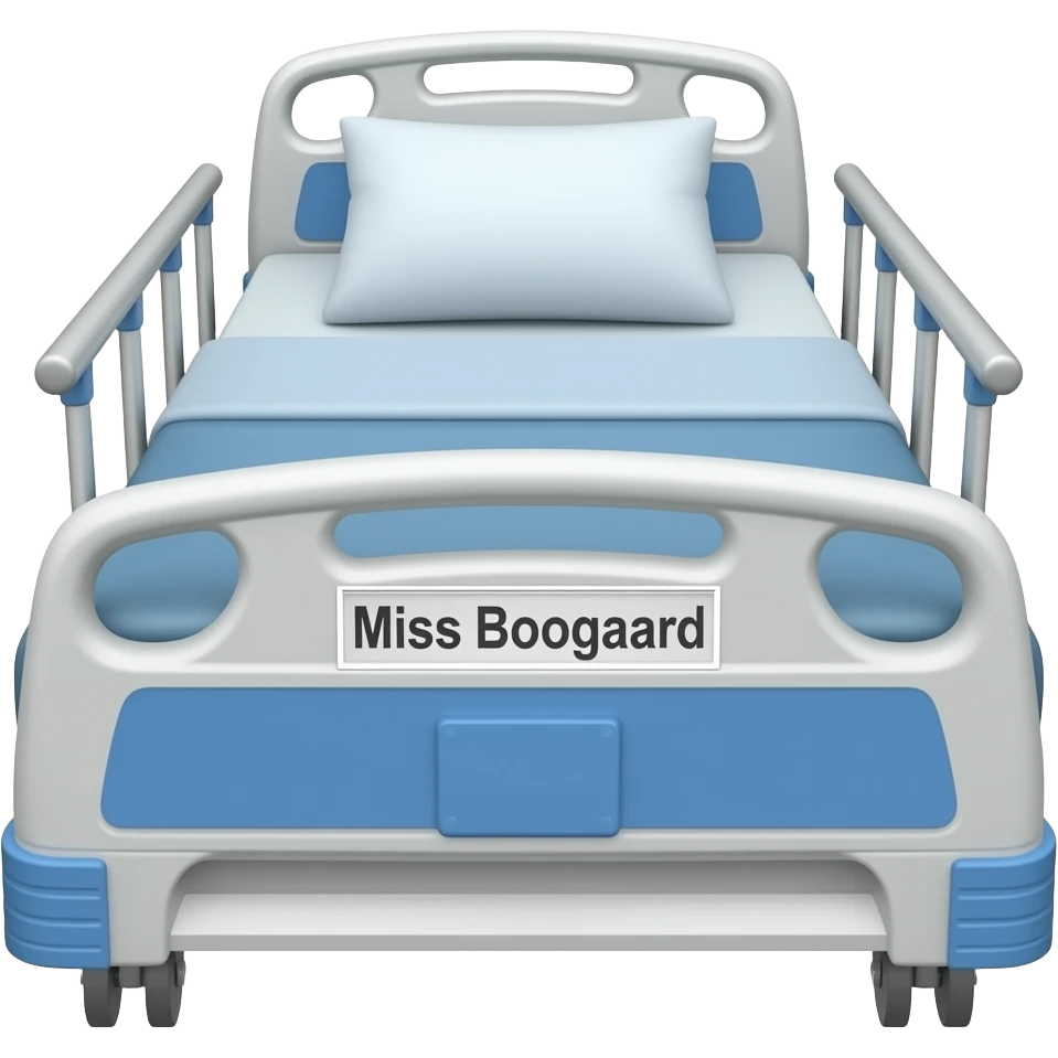 Blue and silver hospital bed with name Miss Boogaard emoji