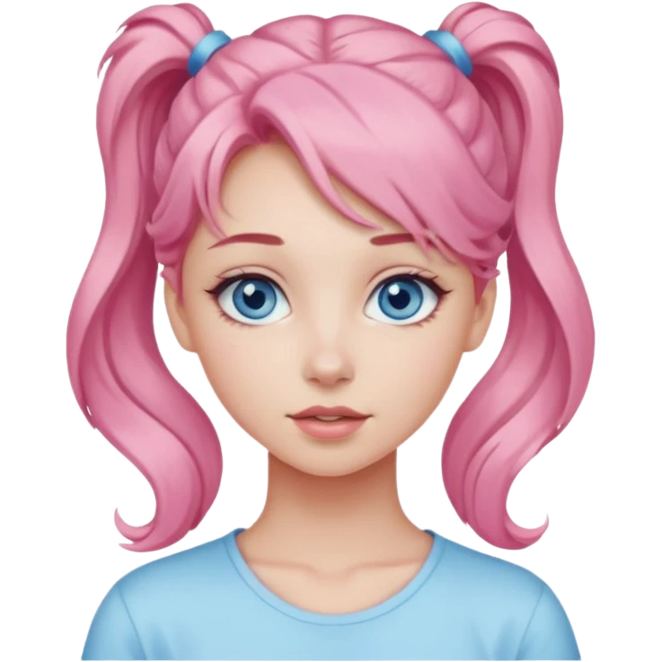 a girl with blue eyes, pastel pink wavy hair in a ponytail, clean girl makeup emoji