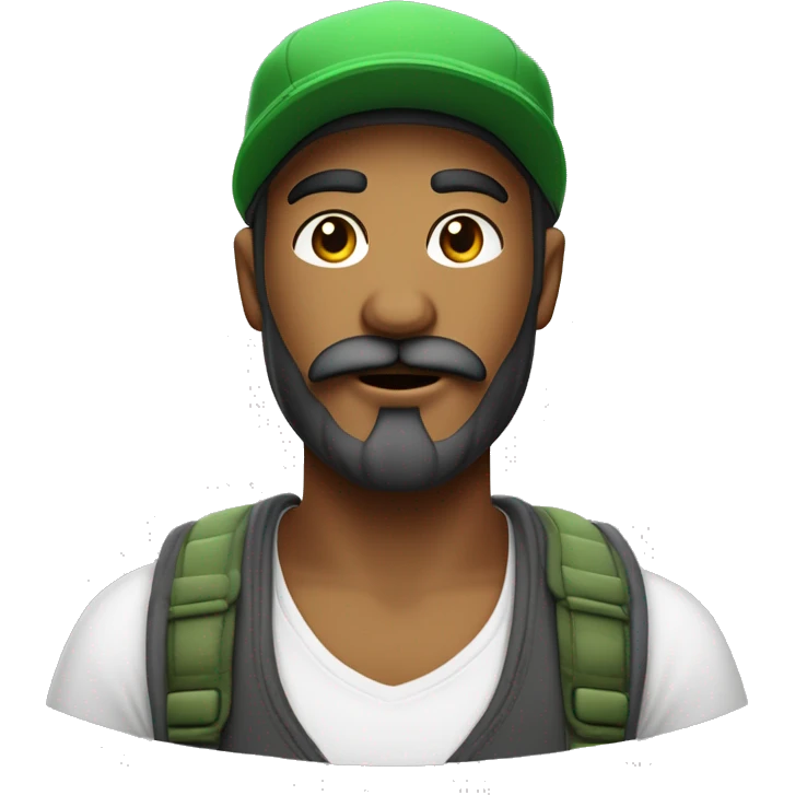Créer un jeune homme métisse avec une barbe et une moustache et des favoris  avec une casquette verte et un t shirt blanc emoji