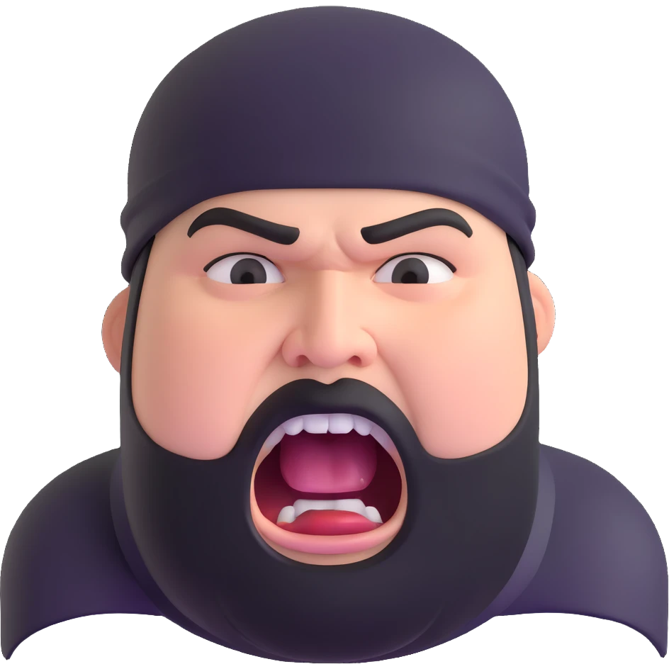 Super extreme tight close-up of just the face of morbidly obese white skin guy with young face, prominent BLACK DURAG tied clearly on head, black beard but no mustache, clean shaven upper lip, black eyes, mouth wide open screaming angrily emoji
