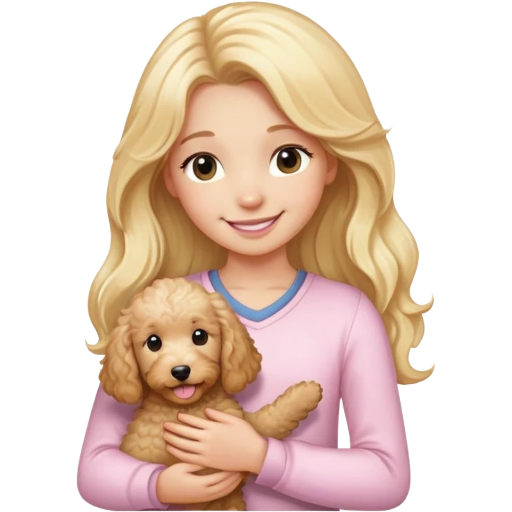 girl with long blonde hair smiling wearing light pink holding goldendoodle emoji