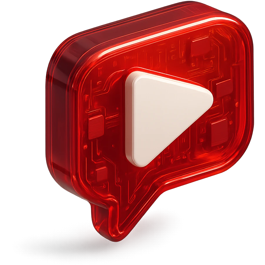 red speech bubble with inside a big red YouTube white play button, very glossy circuit style emoji