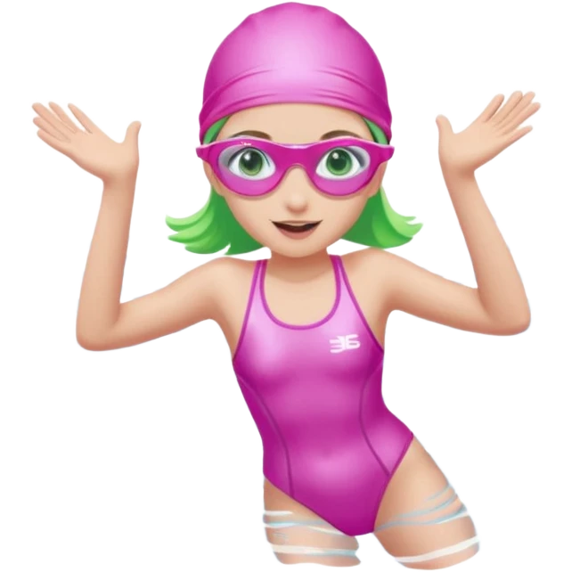 pretty girl with green eyes pink swim cap holographic swimming glasses and cute profesional swimmer pink swimsuit jumping in water emoji