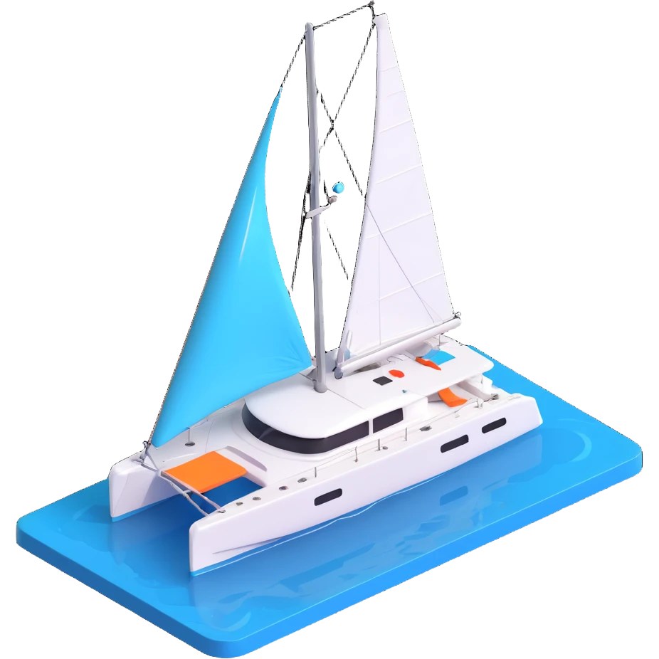 a lagoon 42 catamaran with no wording on the boat and an i message chat bubble icon coming out the top of the boat  emoji