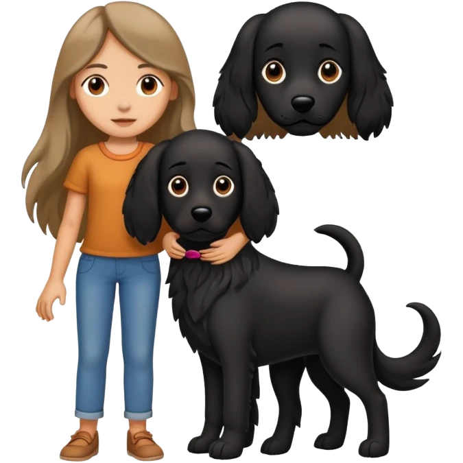 A long-haired girl is holding a big black dog with standing ears emoji
