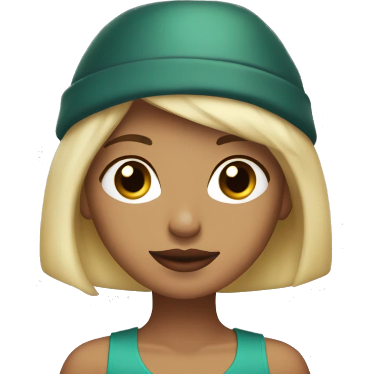 blonde with a bob and brown eyes in a New Year's cap and red lips emoji