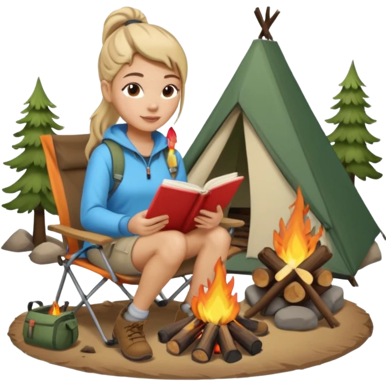A pony tail hair woman journaling on a camping chair, enjoying the quiet nature scene beside a campfire emoji