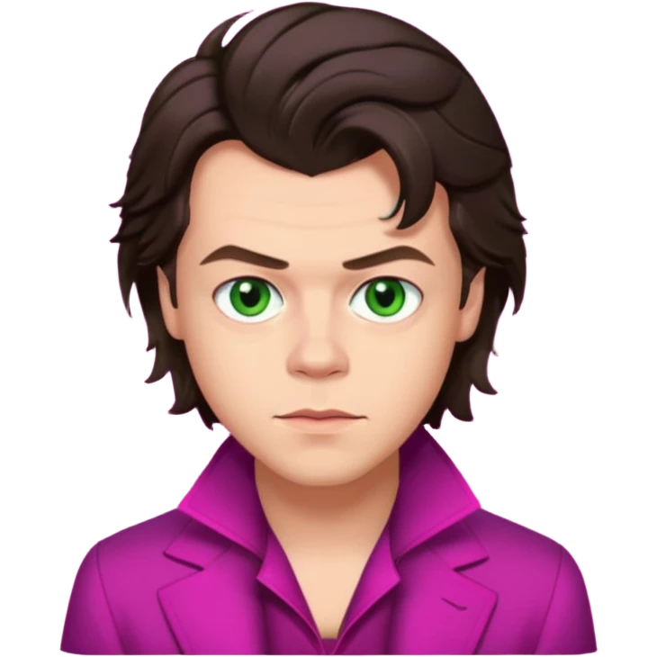Harry Styles with green eyes, dark brown hair, magenta outfit emoji