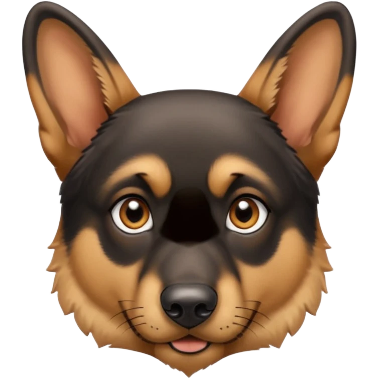 A close-up portrait of a German Shepherd with intense brown eyes and alert ears, against a blurred natural background. High realism, shallow depth of field. emoji