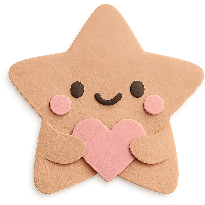 Smiling pastel brown star clutching a small pastel heart, no arms or legs, full body, transparent background, kawaii paper craft style. emoji