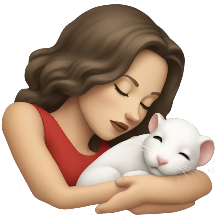 white brunette sleeping tan woman holding one tiny white rat with red eyes emoji