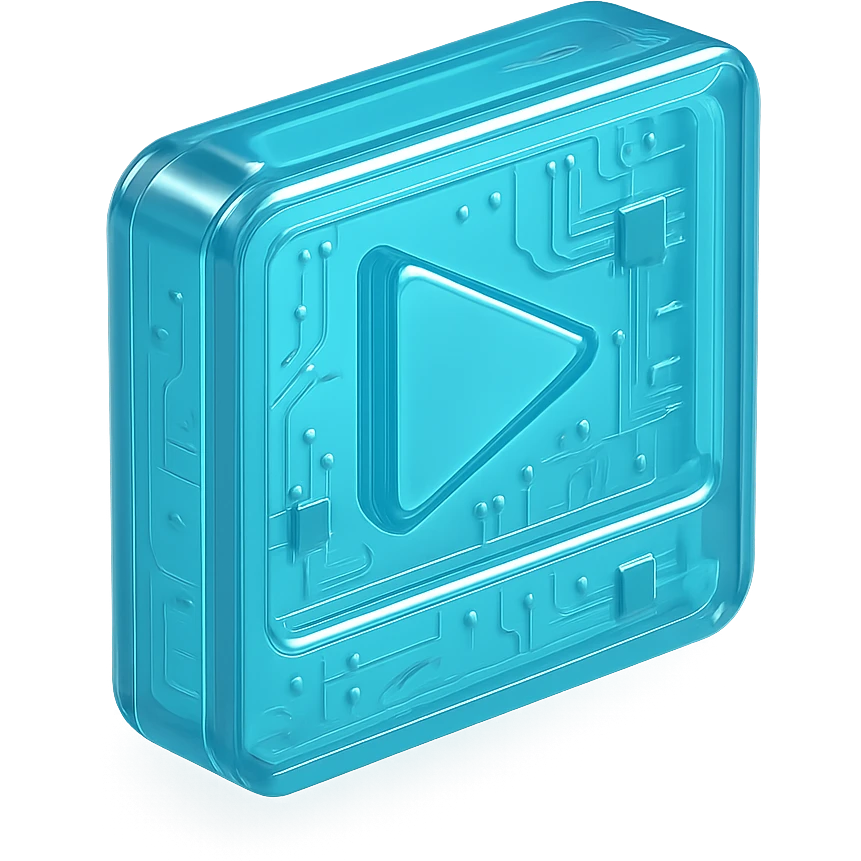 Minimalist icon of a play button inside a video frame, cyan blue emoji